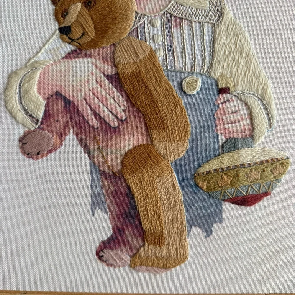Vintage Embroidery Nursery Baby Art Wooden Framed Kid With Teddy Bear 16x20”